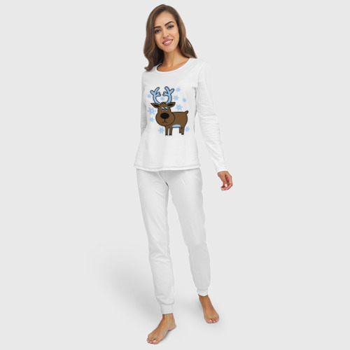 Женская пижама с лонгсливом хлопок Олень и снежинки, цвет белый - фото 3