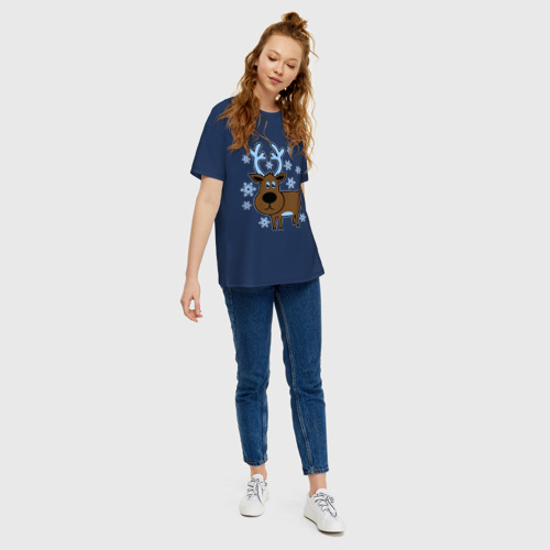 Женская футболка хлопок Oversize Олень и снежинки, цвет темно-синий - фото 5