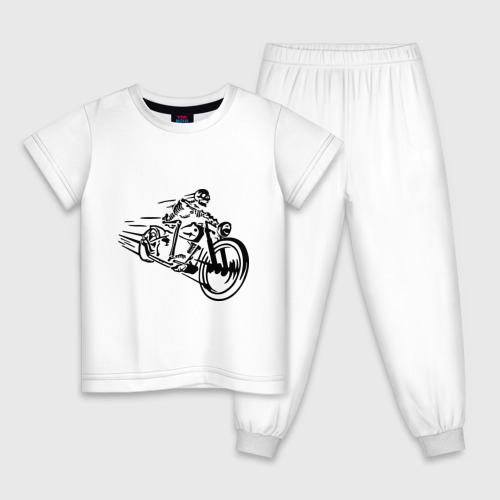 Детская пижама хлопок Скелет на мотоцикле, цвет белый