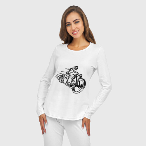 Женская пижама с лонгсливом хлопок Скелет на мотоцикле, цвет белый - фото 5