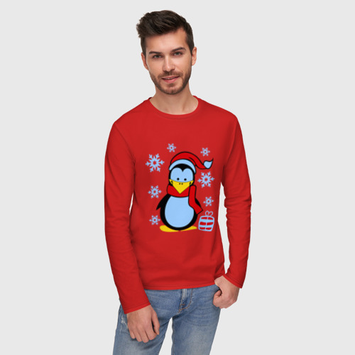 Мужской лонгслив хлопок Пингвин в новогодней шапке, цвет красный - фото 3
