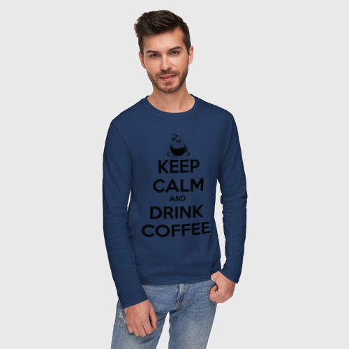 Мужской лонгслив хлопок Keep calm and drink coffee, цвет темно-синий - фото 3