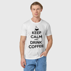 Футболка с принтом Keep calm and drink coffee для женщины, вид на модели спереди №2. Цвет основы: белый