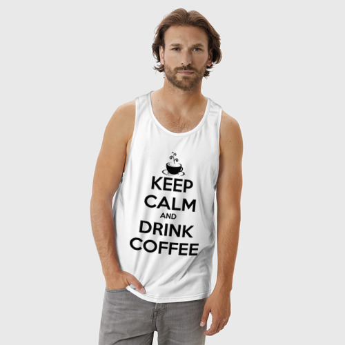 Мужская майка хлопок Keep calm and drink coffee, цвет белый - фото 3