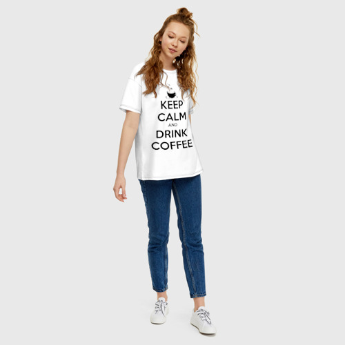 Женская футболка хлопок Oversize Keep calm and drink coffee, цвет белый - фото 5