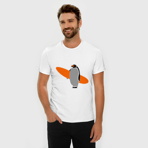 Мужская футболка хлопок Slim Пингвин с сёрфингом, цвет белый - фото 3