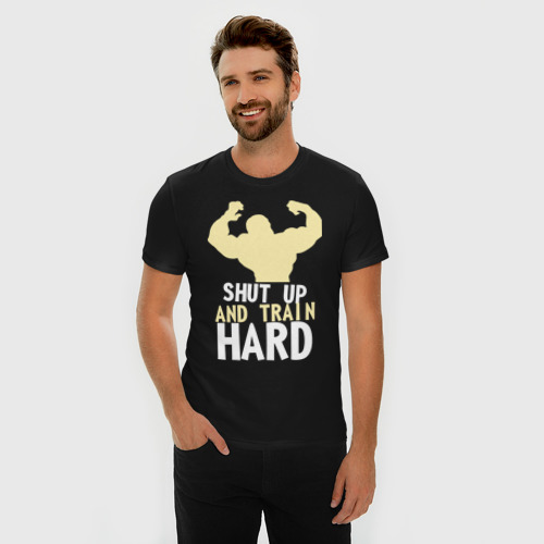 Мужская футболка хлопок Slim Shut up and train hard, цвет черный - фото 3