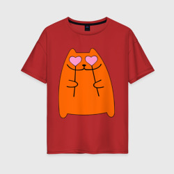 Женская футболка хлопок Oversize Кот с сердечками парная женская