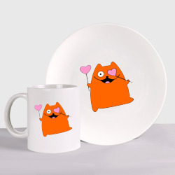 Набор: тарелка + кружка кот с сердечками парная мужская
