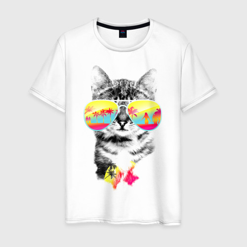 Мужская футболка из хлопка с принтом Солнечный кот, вид спереди №1