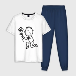 Мужская пижама с белой футболкой хлопок Человечки с цветком парная муж