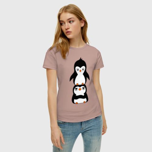 Женская футболка хлопок Пингвины, цвет пыльно-розовый - фото 3