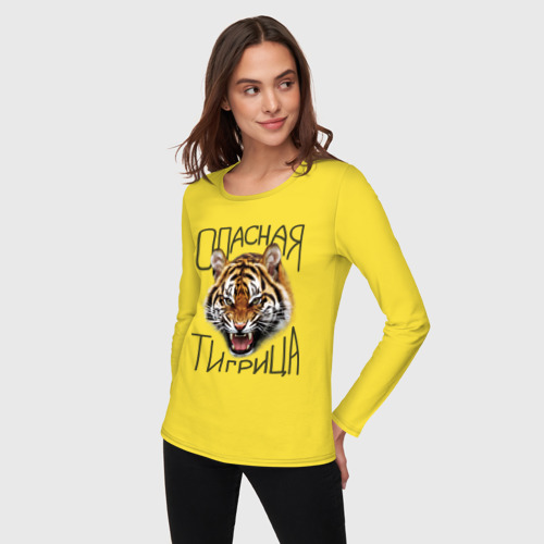 Женский лонгслив хлопок Опасная тигрица, цвет желтый - фото 3