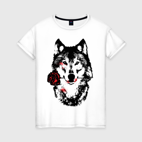 Женская футболка хлопок Модный дизайн - Волк и Роза