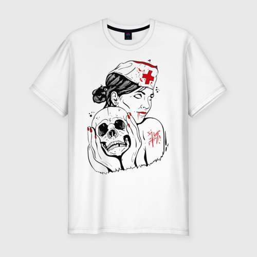 Мужская приталенная футболка из хлопка с принтом Тату медсестра, вид спереди №1