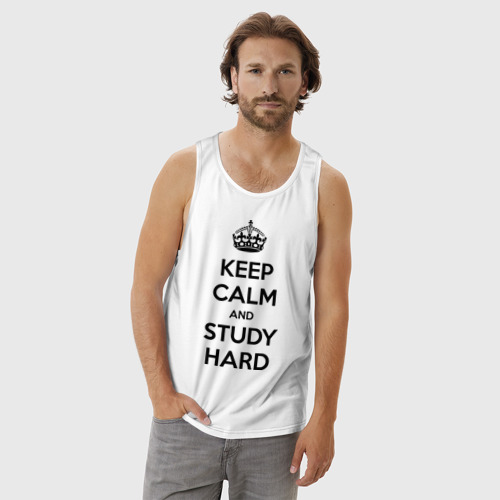 Мужская майка хлопок Keep calm and study hard, цвет белый - фото 3