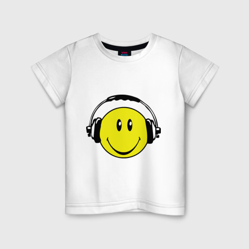 Детская футболка хлопок Смайлик в наушниках, цвет белый