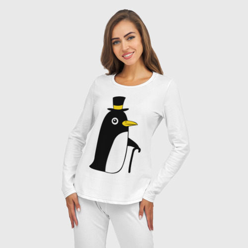 Женская пижама с лонгсливом хлопок Пингвин в шляпе, цвет белый - фото 5