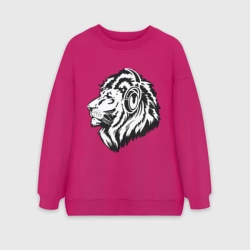 Женский свитшот oversize без начеса хлопок Лев в наушниках