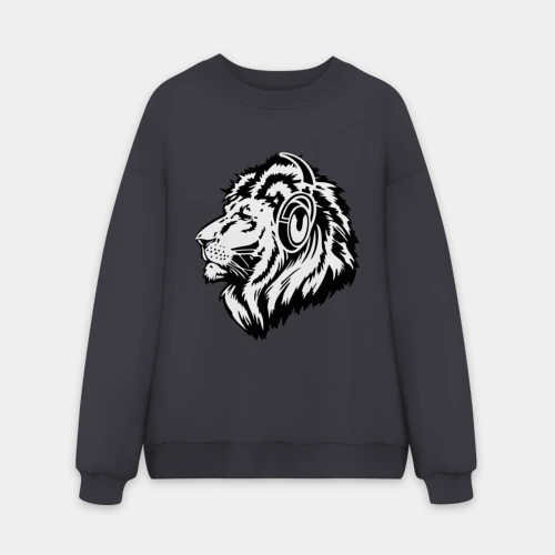 Мужской свитшот oversize без начеса хлопок Лев в наушниках