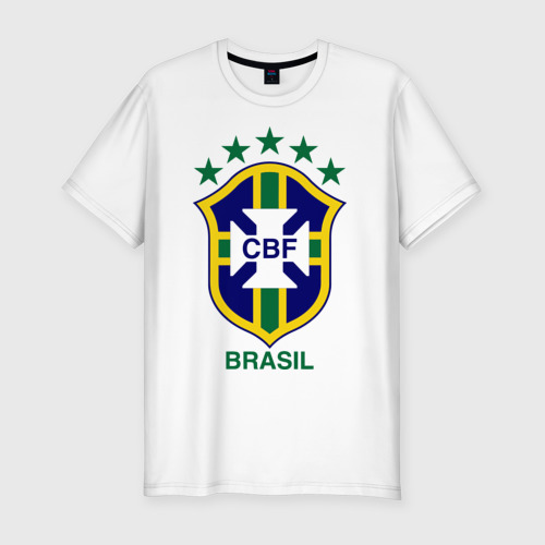 Мужская приталенная футболка из хлопка с принтом Сборная Бразилии по футболу, вид спереди №1