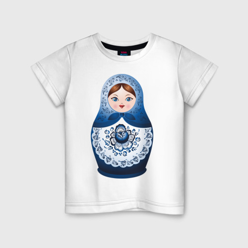 Детская футболка хлопок с принтом Матрешка Гжель, вид спереди #2