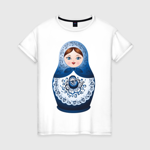 Женская футболка хлопок Матрешка Гжель, цвет белый