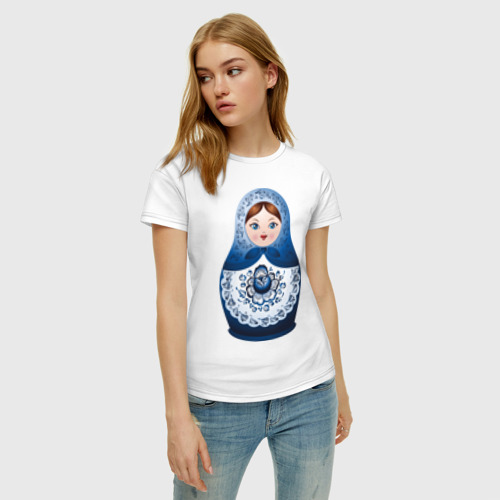 Женская футболка хлопок Матрешка Гжель, цвет белый - фото 3