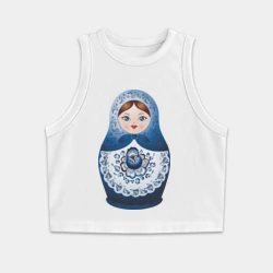 Женская укороченная майка-топ хлопок Матрешка Гжель