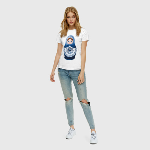 Женская футболка хлопок Матрешка Гжель, цвет белый - фото 5