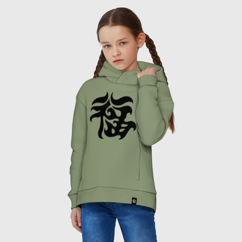 Детское худи Oversize хлопок Японский иероглиф - Удача, цвет авокадо - фото 3