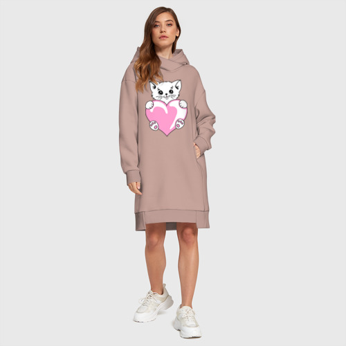 Платье-худи хлопок Котеночек с сердечком, цвет пыльно-розовый - фото 5