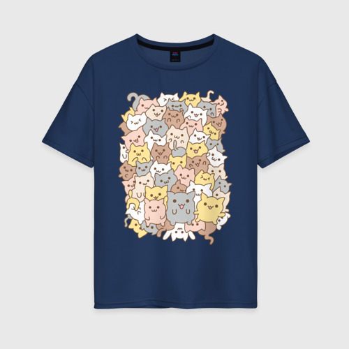 Женская футболка хлопок Oversize Куча котиков, цвет темно-синий