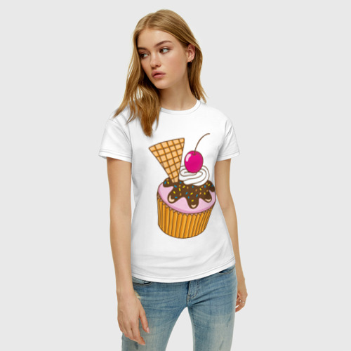 Женская футболка хлопок Кекс с вишней, цвет белый - фото 3