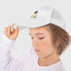 Кепка с принтом Радостный мопс для ребенка, вид на модели спереди №3. Цвет основы: белый