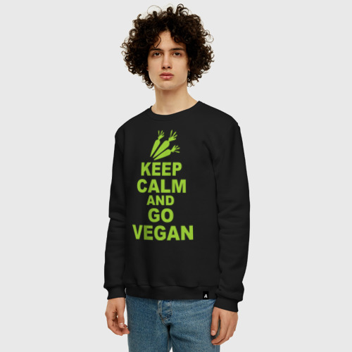 Мужской свитшот хлопок Keep calm and go vegan, цвет черный - фото 3