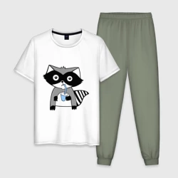 Мужская пижама с белой футболкой хлопок Енот мальчик парная