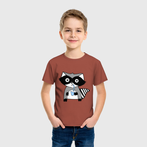 Детская футболка хлопок Енот мальчик парная, цвет кирпичный - фото 3