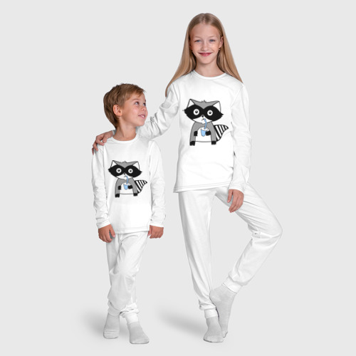 Детская пижама с лонгсливом хлопок Енот мальчик парная, цвет белый - фото 9