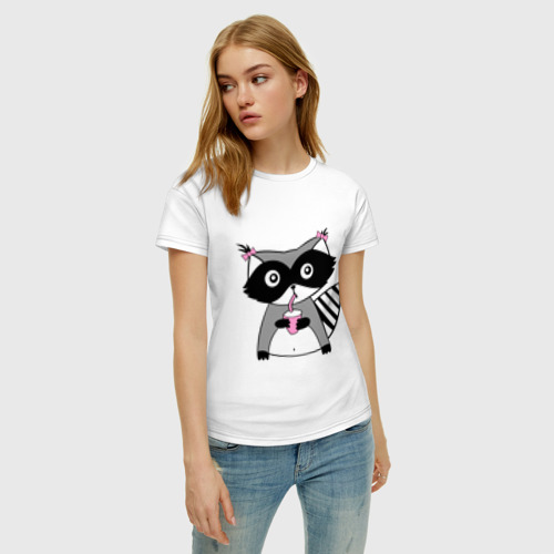 Женская футболка хлопок Енот девочка парная, цвет белый - фото 3