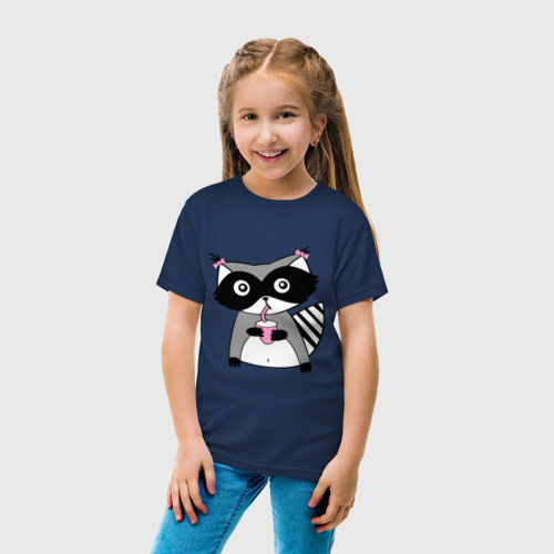 Детская футболка хлопок Енот девочка парная, цвет темно-синий - фото 5
