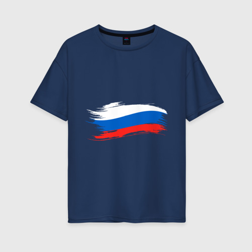 Женская футболка хлопок Oversize Российский флаг, цвет темно-синий