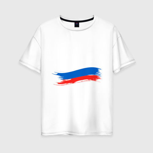 Женская футболка из хлопка оверсайз с принтом Российский флаг, вид спереди №1