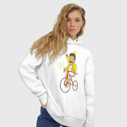 Худи с принтом Фредди на велосипеде для женщины, вид на модели спереди №3. Цвет основы: белый