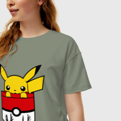 Женская футболка хлопок Oversize Пикачу в кармане - фото 2