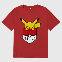 Женская футболка хлопок Oversize Пикачу в кармане