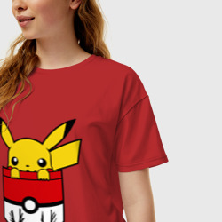 Женская футболка хлопок Oversize Пикачу в кармане - фото 2