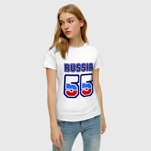 Женская футболка хлопок Russia - 55 (Омская область), цвет белый - фото 3