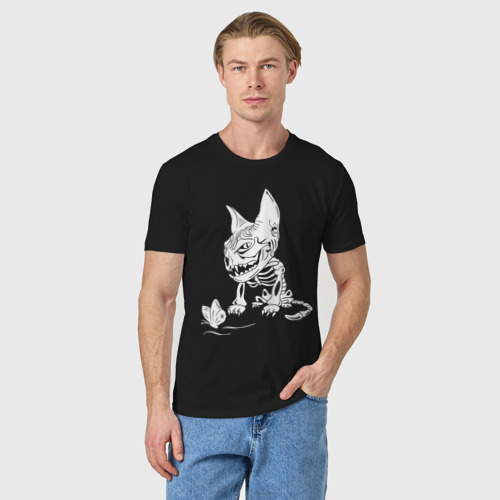 Мужская футболка хлопок Скелет кота, цвет черный - фото 3