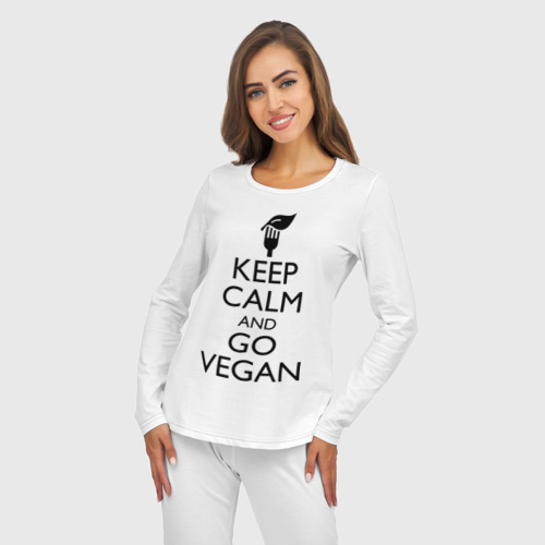 Женская пижама с лонгсливом хлопок Keep calm and go vegan, цвет белый - фото 5